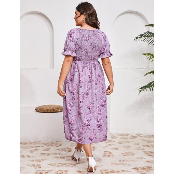 Womens Floral Smocked Ruffle Square Neck Midi Dress Plus Size Summer Casual - Picture 6 of 6
